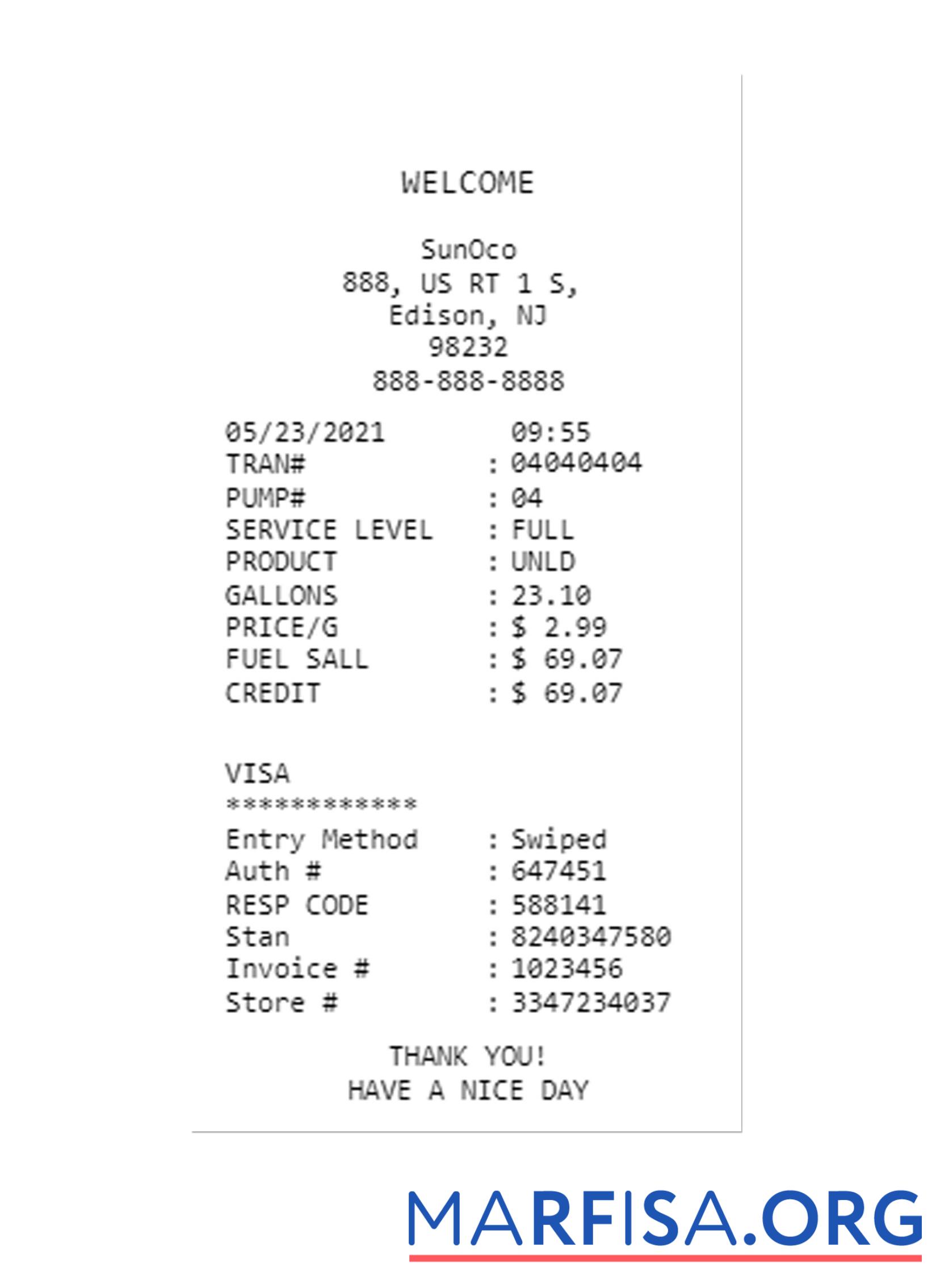 Printable SUN0CO receipt example